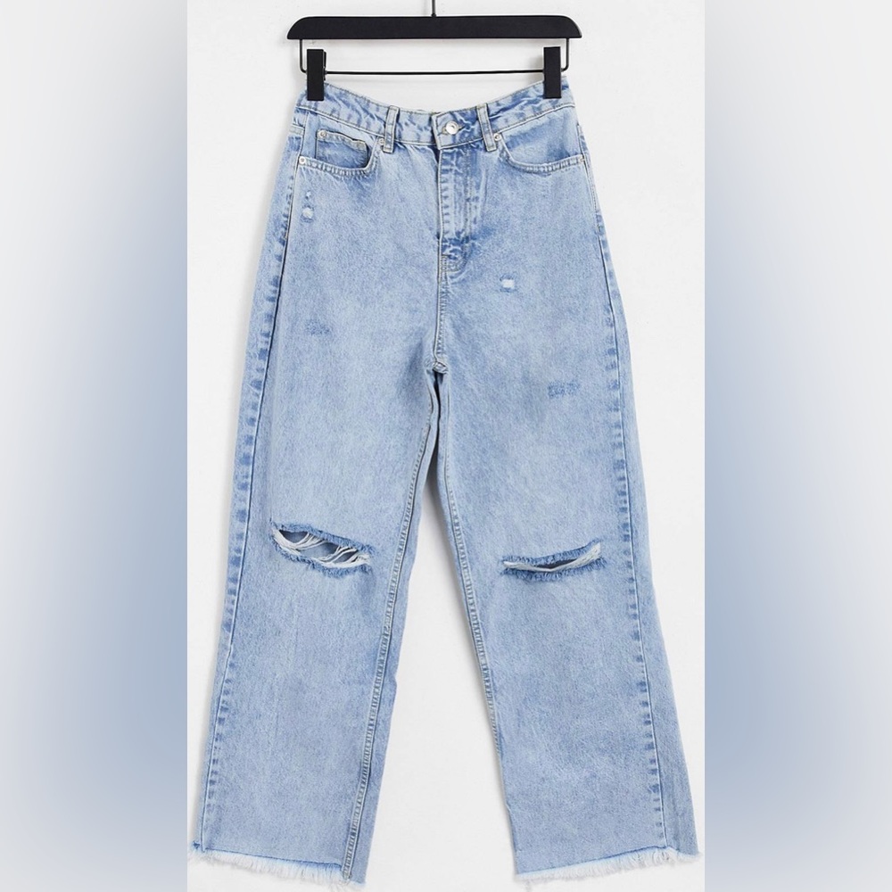 NEW LOOK WIDE LEG, HIGH RISE, DISTRESSED, BLUE DENIM JEANS